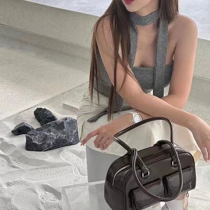 Lux Trendy Street Standoil Korea Designer Bowling Box Handbag for Women Boston Tote Bag PU Leather Bag Female Accessory