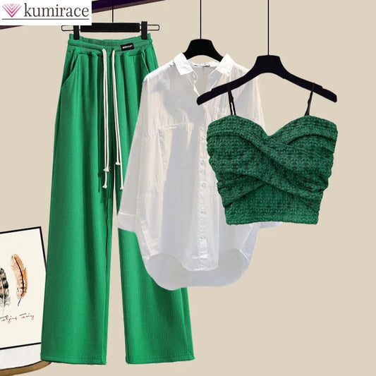 2023 Summer New Wide Free Casual Wide Leg Trousers White Shirt Wave Bra Vest Three Piece Elegant Women's Pants Set Tracksuit