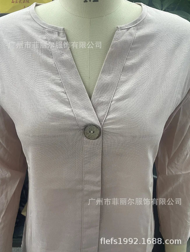 Women's Cotton and Linen Pants Suit Casual Solid Color Pullover Pants 2-piece Set White Pink
