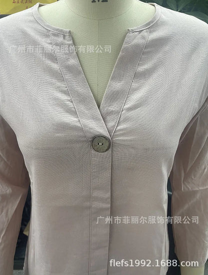 Women's Cotton and Linen Pants Suit Casual Solid Color Pullover Pants 2-piece Set White Pink