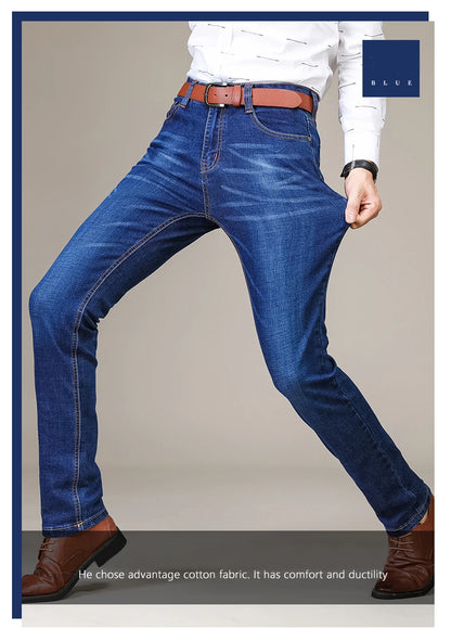 Business Men's Jeans Casual Straight Stretch Fashion Classic Blue Black Work Denim Trousers Male Brand Clothing