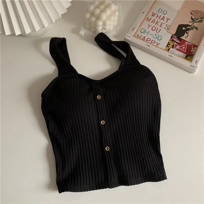 Women Summer Elastic Tank Top Crop Camisole Sleeveless T Shirt Spaghetti Vest Knitted Camis Female Vest Tops White Black