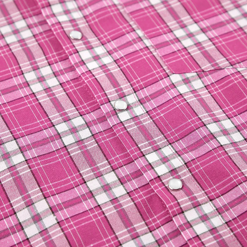 Mnealways18 Pink Brightly Plaid Shirts For Women Spring Summer 2024 Long Sleeves Classic Lapel Blouses And Tops Oversize Checked