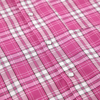 Mnealways18 Pink Brightly Plaid Shirts For Women Spring Summer 2024 Long Sleeves Classic Lapel Blouses And Tops Oversize Checked