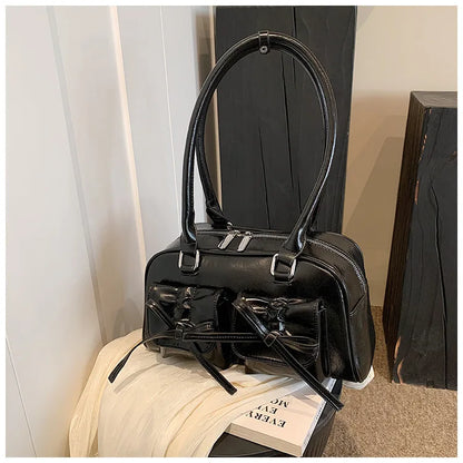 Xiuya Silver Pleated Womens Shoulder Bag Elegant Gentle Korean Fashion Leather Handbag Bow Sweet New Simple Ladies Boston Bag