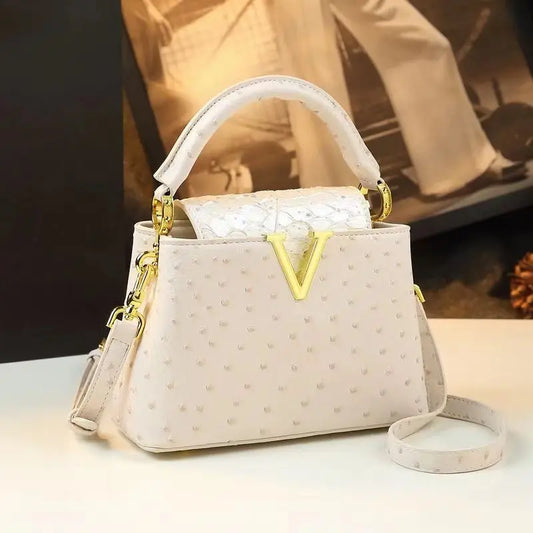 Fashion Luxury Leather Women's Handbags V Letter Small Shoulder Crossbody Bag Niche Ostrich Print Portable Messenger Shell Bags