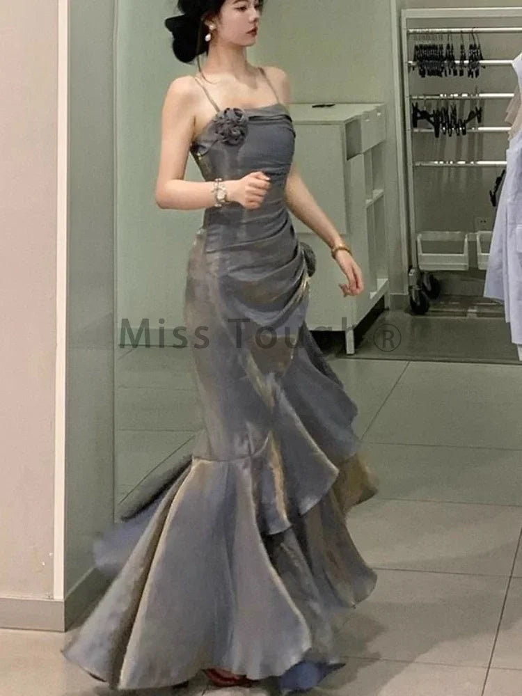 Red Rose Vintage Long Dress Women 2024 Summer Slim Mermaid Spaghetti Strap Floral Dress Female Elegant Sexy Evening Party Dress