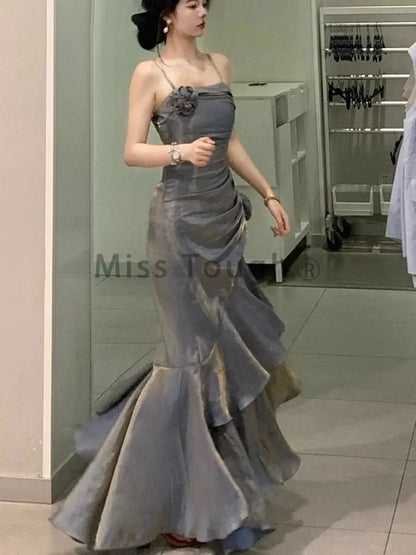 Red Rose Vintage Long Dress Women 2024 Summer Slim Mermaid Spaghetti Strap Floral Dress Female Elegant Sexy Evening Party Dress