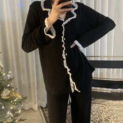 Women's Cute Pajamas Sets Autumn Winter Sleepwear Lady Long Sleeve Tops Pants 2 Pieses Solid Lingeries Sets Loungewear Nightwear