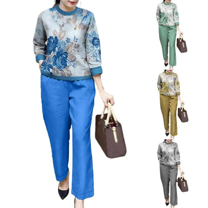 Loose Fit Women Casual Set Floral Print Women's T-shirt Pants Set with Wide Legs Pockets Stylish Spring/fall Suit for Female