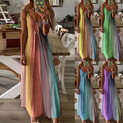 Women's Summer Casual Loose Strap Dress Sexy Beach Boho Maxi Dress Large Size Long Dresses Female Robe Femme