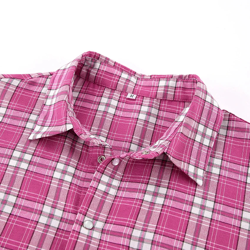 Mnealways18 Pink Brightly Plaid Shirts For Women Spring Summer 2024 Long Sleeves Classic Lapel Blouses And Tops Oversize Checked