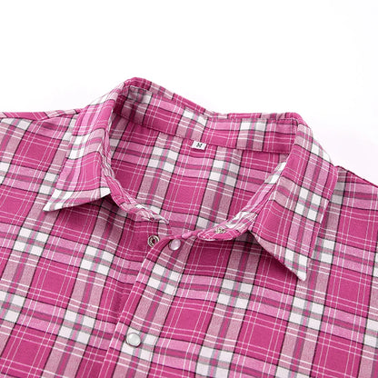 Mnealways18 Pink Brightly Plaid Shirts For Women Spring Summer 2024 Long Sleeves Classic Lapel Blouses And Tops Oversize Checked