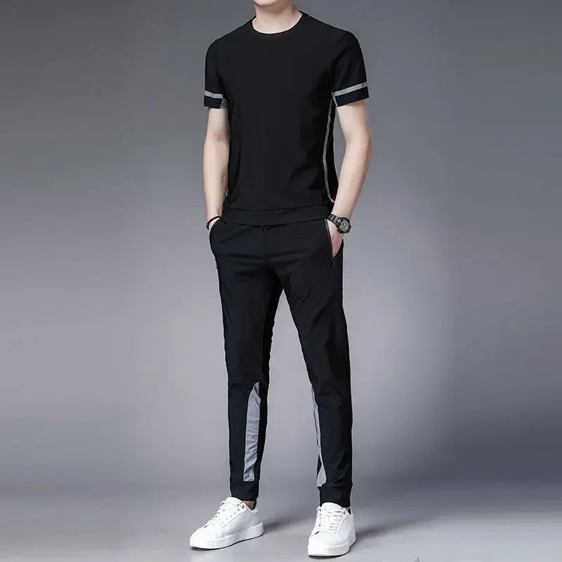 Tracksuit Sportswear Pants Sets Grey Men's Clothing Jogging T Shirt Man No Logo Sports Suits Fashion Top Summer Regular Fit Slim