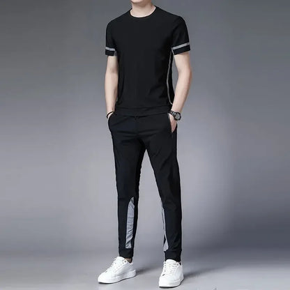 Tracksuit Sportswear Pants Sets Grey Men's Clothing Jogging T Shirt Man No Logo Sports Suits Fashion Top Summer Regular Fit Slim