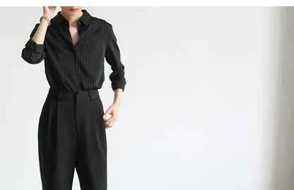 MEXZT Vintage Black Striped Shirts Women Office Long Sleeve Loose Casual Blouses Lady Korean Fashion Elegant Chic All Match Tops