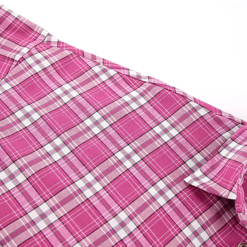 Mnealways18 Pink Brightly Plaid Shirts For Women Spring Summer 2024 Long Sleeves Classic Lapel Blouses And Tops Oversize Checked