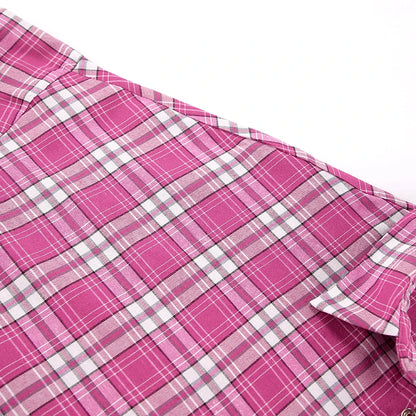 Mnealways18 Pink Brightly Plaid Shirts For Women Spring Summer 2024 Long Sleeves Classic Lapel Blouses And Tops Oversize Checked