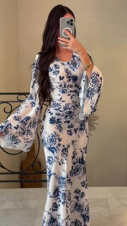 Abaya Muslim Women Flower Print Dress Dubai Long Robe Arabic Vestidos Morocco Kaftan Abayas Eid Ramadan Modest Dresses Jalabiya