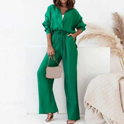 Casual Loose Fit Suit Women's Casual Homewear Set with Loose Drawstring Pants Long Sleeve Shirt Soft Breathable Fabric Elastic