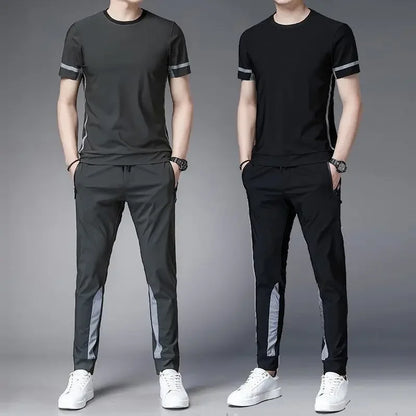 Tracksuit Sportswear Pants Sets Grey Men's Clothing Jogging T Shirt Man No Logo Sports Suits Fashion Top Summer Regular Fit Slim