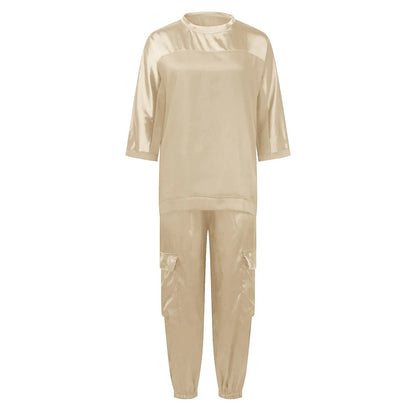 Women's Smooth Satin Short-sleeved Top and Pants Two-piece Set Spring O-neck Lace Up Outfits Summer Sleek Elegance Leisure Suit