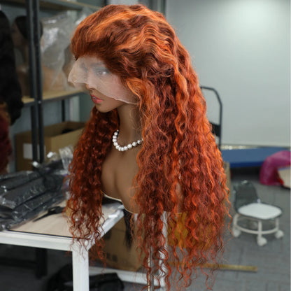Highlight 4/350 Water Wave 13x6 Lace Frontal Human Hair Wigs Brazilian Ginger Orange Brown Color 13x4 Lace Front Curly Wig 220%