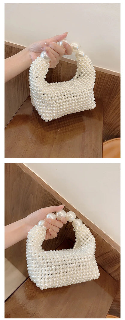 Beaded Woven Tote Bags for Women Pearl Purses and Handbags Ladies Evening Party Hand Bags Holiday Purse