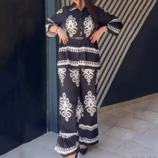Women Wide-leg Pants Suit Women's Contrast Color Shirt Pants Set with Turn-down Collar Three Quarter Sleeve Top Wide Leg Elastic