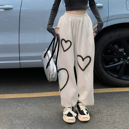 Women Heart Printing Sweatpants Loose Straight Joggers High Waist Wide Leg Pants Oversize Streetwear Korean Y2k Hip Hop Trousers