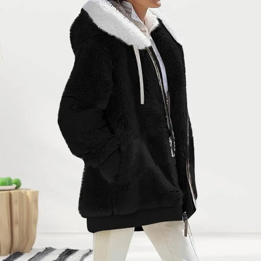 Women's Winter Coat Solid Color loose Plush Zipper Hooded