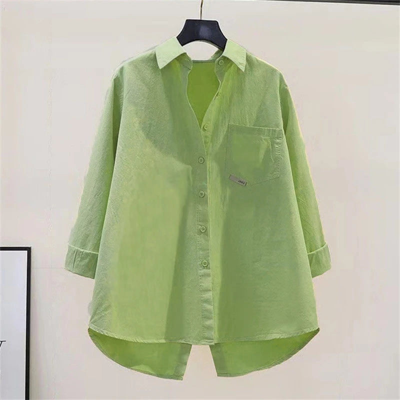 Women's Simple Casual Asymmetrical Oversized Cotton Button Up Long Sleeve Tunic Shirts Solid Streetwear Top Blouse Blusas Mujer
