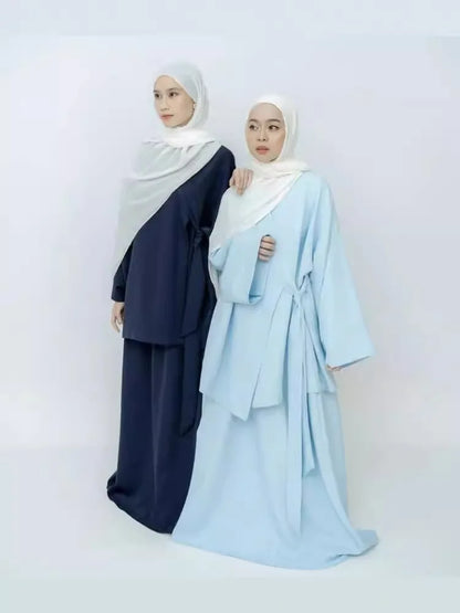 Eid Muslim Suit Modest Two Piece Women Lace Up Top Skirt Outfits Ramadan Morocco Dubai Abayas Ensemble Islam Arab Jalabiya