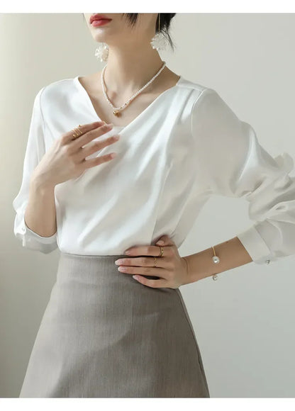 Satin Women's Shirts New Silk Solid Casual Blouses Loose Spring/Summer Ladies Clothing FASHION Long Sleeves White Tops