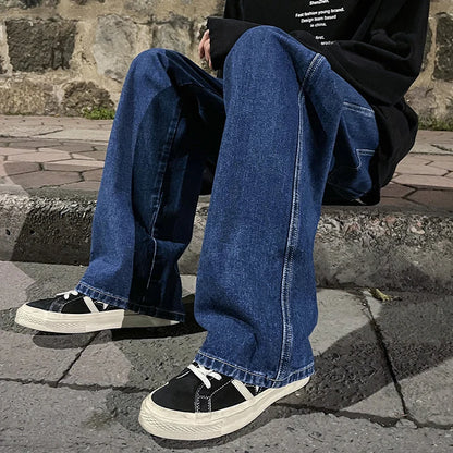 Korean Fashion Men's Baggy Jeans Elastic Waist  Classic olid Color Straight-leg Denim Wide-leg Pants Male Light Blue Grey Black