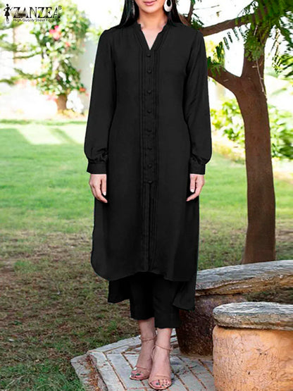 ZANZEA Retro Long Straight Pant Suit Women Solid 2PCS Pant Sets Fashion Long Shirt Tracksuit Casual Buttons Autumn 2023 Outfits