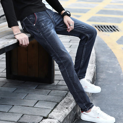 Men's Denim Jeans Classic Stretch Slim Straight-leg Trousers Casual All-match Pants Male Blue Black