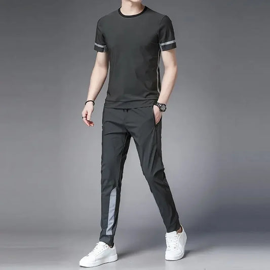 Tracksuit Sportswear Pants Sets Grey Men's Clothing Jogging T Shirt Man No Logo Sports Suits Fashion Top Summer Regular Fit Slim