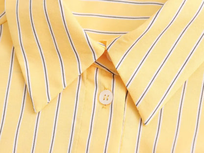 TRAF 2024 Spring New Product Women's Casual Loose Lapel Long sleeved Yellow Striped Poplin Single breasted Shirt