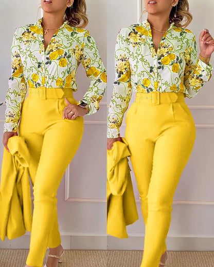 Women's elegant print shirt and pants two piece sets
