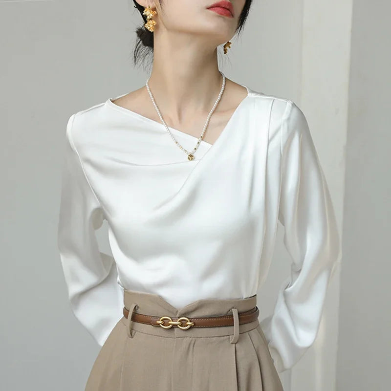 Satin Women's Shirts New Silk Solid Casual Blouses Loose Spring/Summer Ladies Clothing FASHION Long Sleeves White Tops