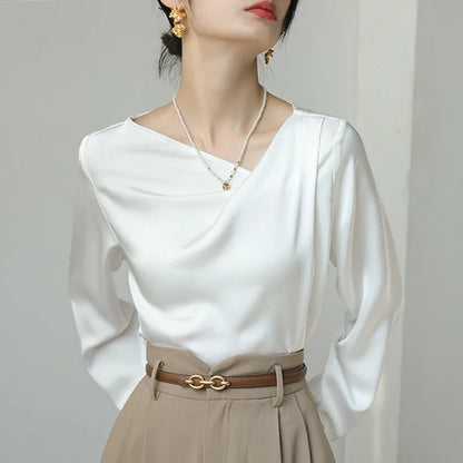 Satin Women's Shirts New Silk Solid Casual Blouses Loose Spring/Summer Ladies Clothing FASHION Long Sleeves White Tops