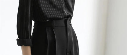 MEXZT Vintage Black Striped Shirts Women Office Long Sleeve Loose Casual Blouses Lady Korean Fashion Elegant Chic All Match Tops