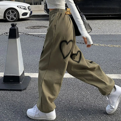Women Heart Printing Sweatpants Loose Straight Joggers High Waist Wide Leg Pants Oversize Streetwear Korean Y2k Hip Hop Trousers