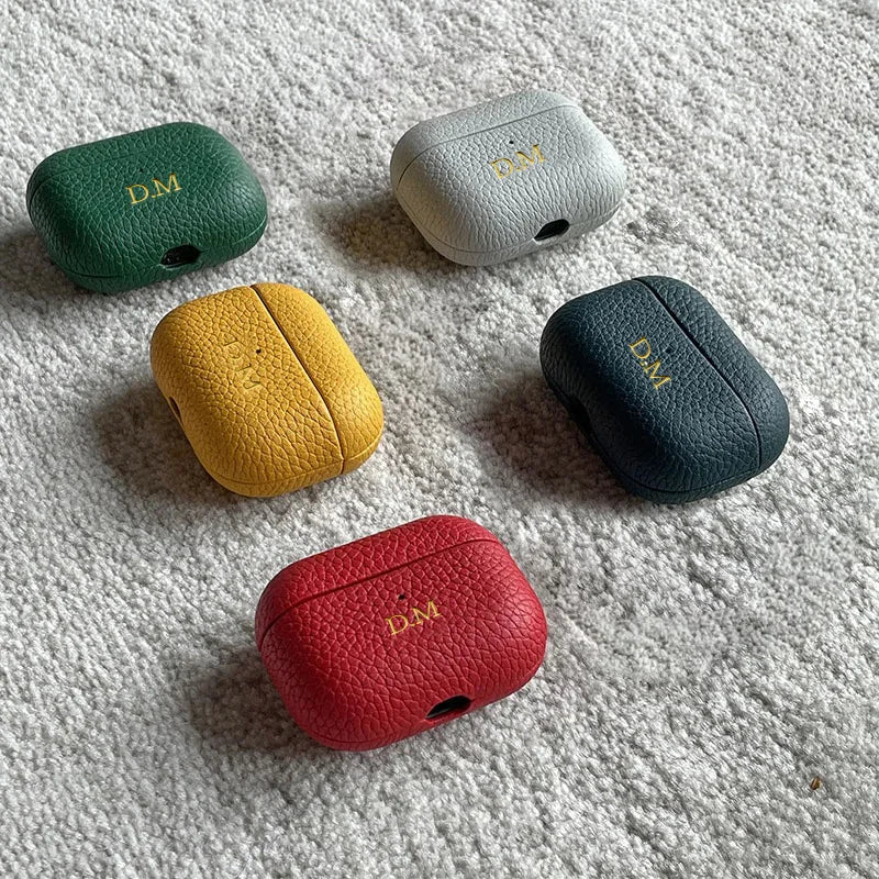 Luxury Lychee Skin Pattern Earphone Case For Airpods 1 2 Pro 3 Personalized Gold Initials Letters Customize Cover