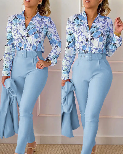 Women's elegant print shirt and pants two piece sets