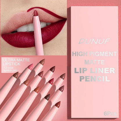 6PC Velvet Matte Lipstick Pen Nude Brown Lip Liner Pencil Kit Smooth Rose Red Pigment Waterproof Long Lasting Dye Cheek Lip Tint