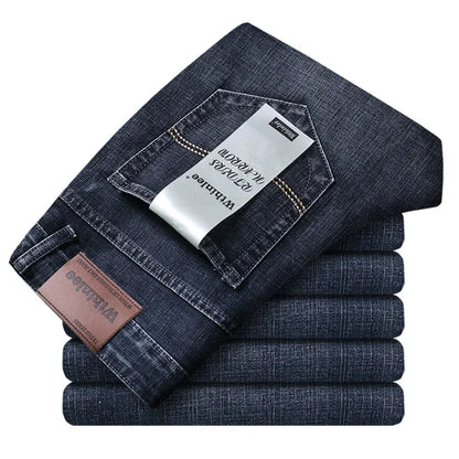 2025 Fashion Four Seasons Classic Blue Black Work Denim Trousers  Men's Jeans Casual Straight Stretch Male Brand Clothing