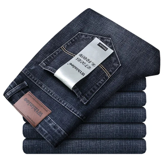 2025 Fashion Four Seasons Classic Blue Black Work Denim Trousers  Men's Jeans Casual Straight Stretch Male Brand Clothing