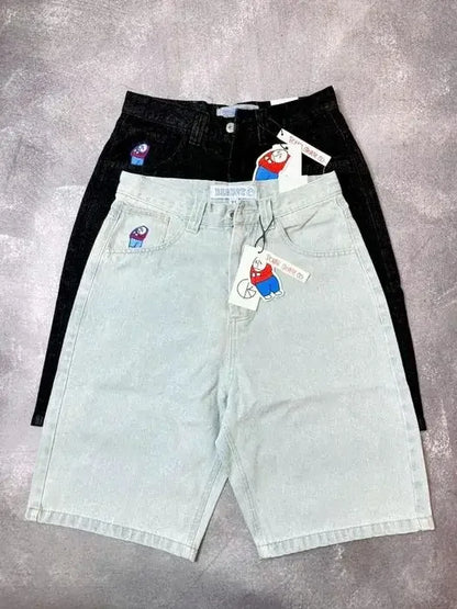 Straight Cotton Loose Embroidered Denim Shorts Men's American Retro Five Pants Summer Loose High Street Skater Pants Y2k Cargo